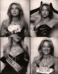 black and white photos of women wearing tiaras with flowers in their hair, one holding a cake