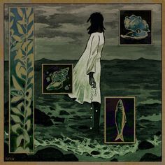 a painting of a woman standing in the water with fish and seaweed around her