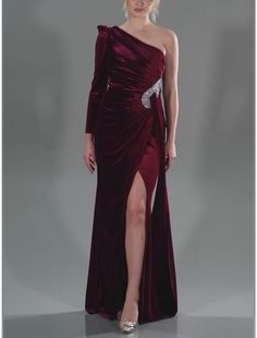 A-Line Evening Gown Christmas Elegant Dress Formal Sweep / Brush Train Long Sleeve One Shoulder Velvet with Glitter Pleats Ruched 2024 Gown Christmas, Christmas Elegant, Dresses Formal Elegant, Black Friday Promotions, Dress Formal, Elegant Dress, Evening Gown, Color Choices, Evening Gowns