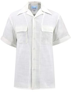 "Based on original photographs and patterns from the 1940s and 1950s, we offer this pure cotton leisure shirt for warmer weather and more casual occasions. This white leisure shirt is an authentic relaxed, open-neck day shirt for those who wish to emulate the fashion of the forties and fifties. Loop and button decor. The fabric is 100% quality cotton. Two patch chest pockets with flaps that have rounded edges. There is a yoke stitched across the back shoulders. The short sleeves have a stitched cuff with central notch detail.  Approx 10\" long. Small slits at the side seams. Care: Machine wash 30 degrees - warm iron. Measurements - Available in 5 sizes.  Small  Chest Best Fit 38-40\" (97-102cm)   Shoulder Width 18\"  Length 29\" ------------------------------------------------  Medium Ches Classic White Tops With Welt Pockets, White Shirt With Welt Pockets And Spread Collar, Classic Shirt With Welt Pockets And Camp Collar, Classic Tops With Welt Pockets And Camp Collar, Classic White Shirt With Welt Pockets, White Retro Short Sleeve Shirt With Camp Collar, Retro White Short Sleeve Shirt With Camp Collar, White Retro Short Sleeve Shirt With Relaxed Fit, Classic Collared Camp Shirt With Welt Pockets