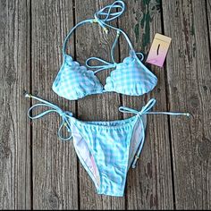 Top M Bottoms M Light Blue Swimwear For Beach Season, Light Blue Beachy Swimwear For Beach Season, Adjustable Blue Swimwear For Spring, Adjustable Blue Swimwear, Scallop Top, Stoney Clover Lane, Stoney Clover, Bead Stringing, Womens Swim