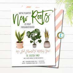 this is an image of new roots in your neighborhood card with potted plants on it