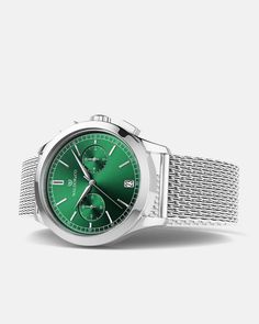 Case diameter: 39 mmCase thickness: 11.15 MMMaterial: Rhodium-plated 316L stainless steelDial: Green dial in brassIndex & hands: Polished stainless steelGlass: Sapphire CrystalMovement: Seiko VK64 HybridWater Resistance: 10 ATM (snorkeling)Strap: Mesh strap in Rhodium-plated 316L stainless steelSize: All our straps are adjustable and fit wrists of all sizesLug width: 20 mmPackaging: Luxurious leather box with green outer boxUnisex: Yes watches, mens,Warranty: 2-year International WarrantyReturn Luxury Metal Watch With Round Dial, Silver Stainless Steel Watch For Business, Silver Stainless Steel Business Watches, Luxury Stainless Steel Watch Accessories With Polished Finish, Silver Watch With Round Dial For Business, Modern Silver Watch Accessories, Formal Green Chronograph Analog Watch, Formal Green Analog Chronograph Watch, Formal Green Chronograph Watch