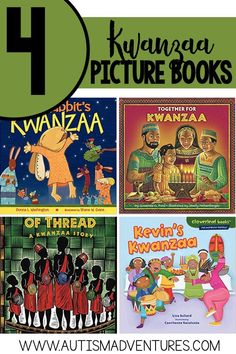 four children's picture books with the title 4 ways to read kwankaa pictures