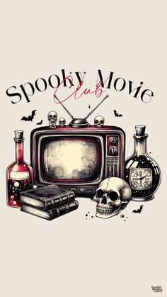 spooky movie club poster with skull and tv