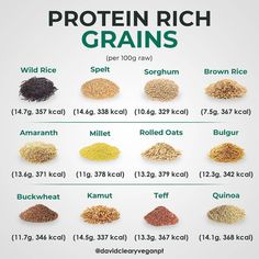 protein rich grains chart with different types and sizes