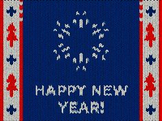 a knitted happy new year card with fireworks and stars in the center on blue background