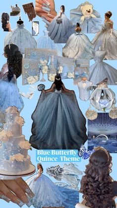 a collage of blue and white wedding gowns, hair accessories, and dresses