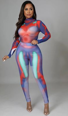 Thermal Imaging Pant Set | Foxy And Beautiful Sheer Bodysuit, Thermal Imaging, Mock Neckline, Body Heat, Pant Set, Two Piece Set, High Waisted Pants, Red Blue, Pants Set