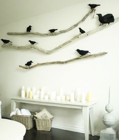 there are many birds sitting on the branches in this room