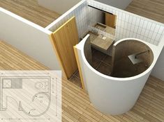 an overhead view of a small bathroom with a toilet and sink in it, as well as a floor plan