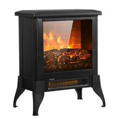 a black stove with flames in it