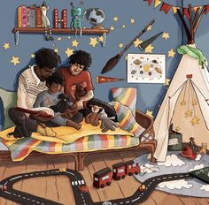 three children are sitting on a bed with a toy train set in front of them