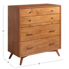 a wooden chest of drawers with measurements for the top drawer and bottom drawer on each side