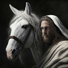 a painting of jesus holding the reigns of a white horse with long hair and wearing a blanket