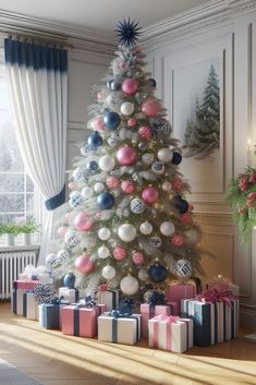 a white christmas tree with pink, blue and silver ornaments on it's branches