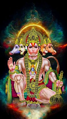 the hindu god sitting in front of two cows, with his hands up and eyes closed