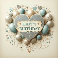 a happy birthday card with balloons and stars in the shape of a heart on a white background