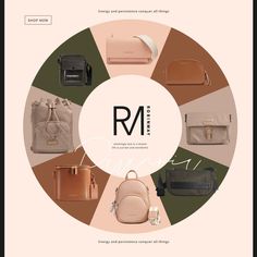 an advertisement for the new range of handbags and purses, with different colors