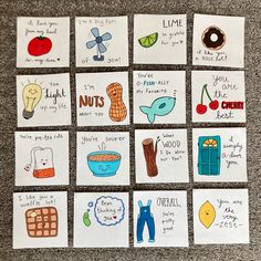 six handmade cards with different types of food and words written on them, all in white paper