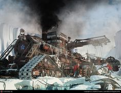 an artistic painting of a steam engine train in the middle of snow and ice covered ground