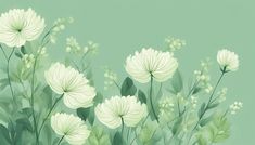 white flowers and green leaves on a light green background