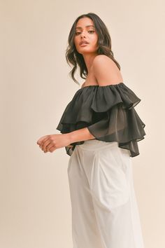 ruffle off the shoulder organza crop top Brand: Klesis Style: IT3251 Fabric: 100% POLYESTER Details: Silk Organza Fabric, Black Pirate, Ruffled Crop Top, Ruffle Linen, Plus Jumpsuit, Organza Top, Organza Fabric, Pink Style, Sleeveless Bodysuit