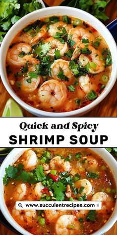 two bowls filled with shrimp and spicy soup