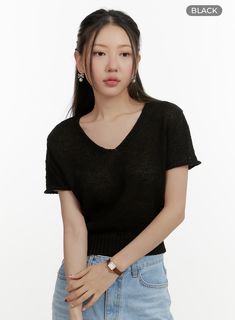 v-neck-short-sleeve-knit-crop-top-oy413 / Black Casual V-neck Cropped T-shirt For Summer, Trendy V-neck Cropped T-shirt For Summer, Spring Trendy V-neck Cropped T-shirt, Everyday V-neck Crop Top, Black Cropped Short Sleeve Top For Summer, Casual Cropped V-neck T-shirt For Summer, Everyday V-neck Crop Top For Spring, Summer V-neck Cropped T-shirt, Casual Black Cropped Short Sleeve Top