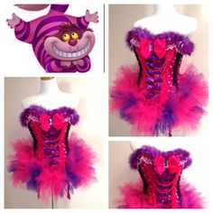 the costume is made up of pink and purple feathers, with an evil face on it