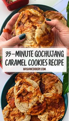 three images with the words 3 minute gochujung caramel cookies recipe