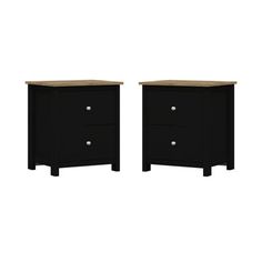 two black nightstands side by side with one drawer open and the other closed up