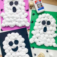 three halloween crafts made out of cotton balls