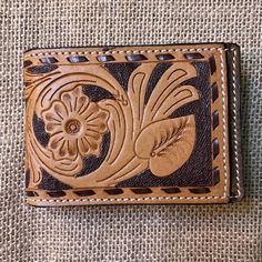 Men's Leather Bifold Wallet Tooled Tan Leather with a Dark Brown Leather Background ID Card Holder Money Clip Card Slots Leather Background, Wallet Tool, Mens Western, Marble Falls, Handmade Boot, Clip Cards, Clip Wallet, Mens Boxers, Leather Bifold Wallet