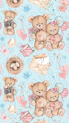 a blue background with teddy bears and hearts