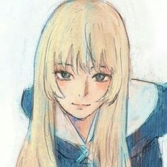 a drawing of a girl with long blonde hair and blue shirt looking at the camera