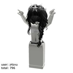 an image of a woman with long hair on top of a white pedestal holding her hands up