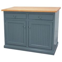 a gray cabinet with two drawers and a wooden top is shown in front of a white background