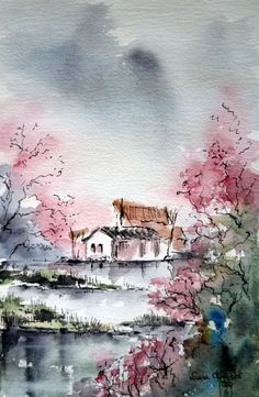 watercolor painting of a house and trees with pink flowers in the foreground on a cloudy day