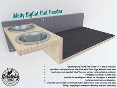 an advertisement for the wally big cat flat feeder, with two bowls in it