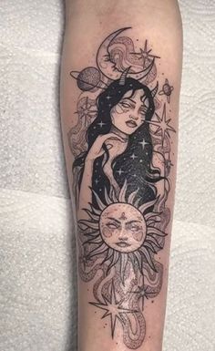 | Creative Tattoos For Women by  Kathrine Reardon Earthy Tattoos, Hippie Tattoo, Mystical Tattoos, Planet Tattoos, Carpe Koi, Dope Tattoos For Women, Cute Tattoos For Women, Arm Tattoos, Sleeve Tattoos For Women