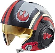 the helmet is designed to look like star wars character's helmet, and has red stripes on it