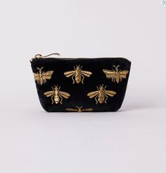 Honey Bee Coin Purse Charcoal – Foxtail Boutique XO Elizabeth Scarlett, Black Bee, Surprises For Her, Bee Embroidery, Gold Bee, Gold Threads, Day Bag, Cotton Velvet, Pink Velvet