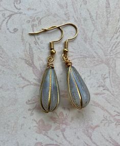 Teardrop Earrings, Czech Glass Earrings, Gold Earrings, Simple Earrings, Everyday Jewelry - Etsy Gold Wire-wrapped Teardrop Earrings, Gold Wire Wrapped Teardrop Earrings, Metal Teardrop Drop Earrings As Gift, Glass Teardrop Earrings With Ear Wire, Teardrop Glass Earrings With Ear Wire, Gold Wire Wrapped Teardrop Earrings For Gift, Nickel-free Teardrop Glass Earrings, Gold Teardrop Glass Earrings, Iridescent Teardrop Earrings For Gift