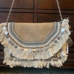 Darling Bohemian Burlap Clutch With Chain Strap. New With Tags. Bohemian Beige Shoulder Bag For Party, Bohemian White Clutch For Everyday Use, Bohemian Fringe Clutch For Summer, White Bohemian Handmade Clutch, Rose Gold Clutch, Bow Clutch, Embellished Clutch, Blue Clutch, Pink Clutch