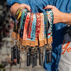 Add a playful touch to your keys with these Wristlet Keychains from The Montana Scene. With several quirky designs to choose from, these keychains are both stylish and practical. Keep your keys at hand in a fun and unique way!8.5" long including keychain hook Maybe Swearing Will Help, Recycled Jeans Bag, Wristlet Keychains, Keychain Hook, Blue Q, Unique Keychains, Recycled Jeans, Paper Gift Tags, Jeans Bag