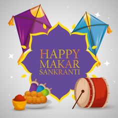 happy makar sanki with colorful kites and food