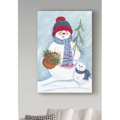 a painting of a snowman holding a potted plant with a cat sitting next to it