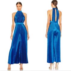 New With Tags Womens Size 10 Us, 14 Australian. Bold Blue Colored Pleated Formal Jumpsuit. Hidden Back Zipper Closure Mockneck Loop Button Closure Back Cut-Out Detail Plisse Fabric Halter Neckline Open Back Detail. Plisse Fabric, Pleated Jumpsuit, Formal Jumpsuit, Moroccan Blue, Halter Neckline, Mock Neck, Open Back, Pant Jumpsuit, Jumpsuit Romper