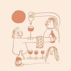 a drawing of a woman sitting at a table with wine glasses